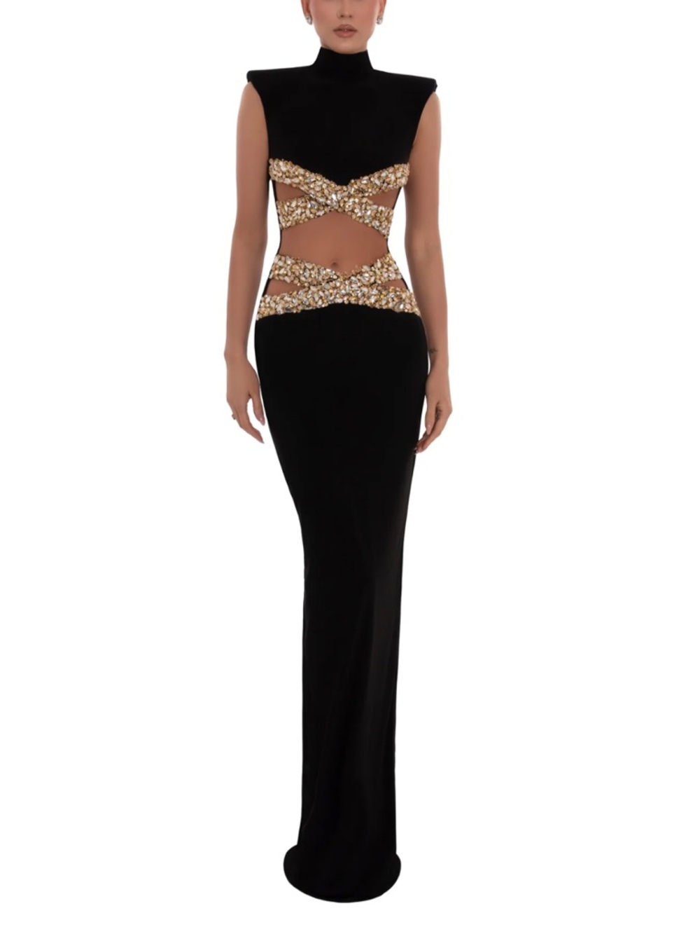 Black Maxi Dress with Gold Embellished Cutouts - Picture 5 of 6